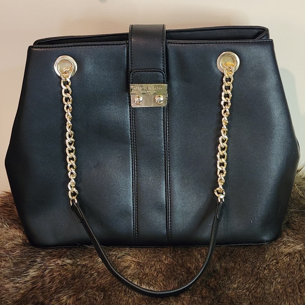 Marc New York Black Purse Handbag Chain & Leather Top Handles Large Gold Tone